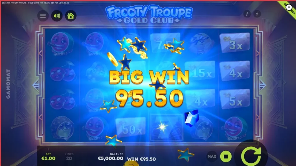Tampilan visual slot Frooty Troupe – Gold Club dengan nuansa mewah dan simbol buah emas