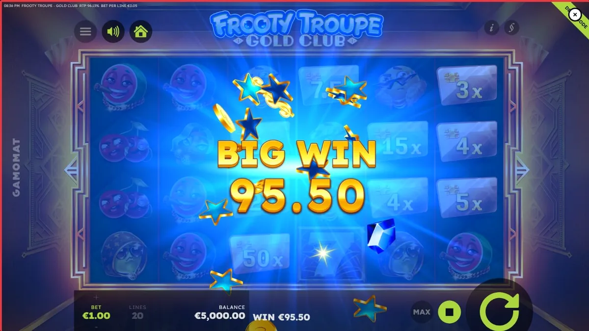 Tampilan visual slot Frooty Troupe – Gold Club dengan nuansa mewah dan simbol buah emas