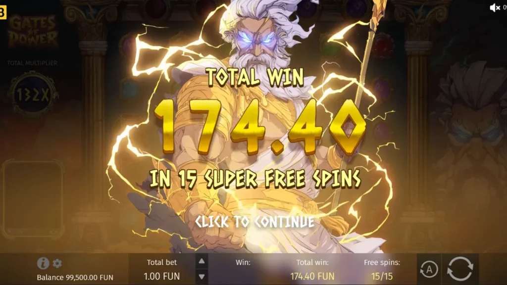 Pemandangan gerbang Olympus dalam slot Gates of Power dengan simbol-simbol mitologi yang megah.