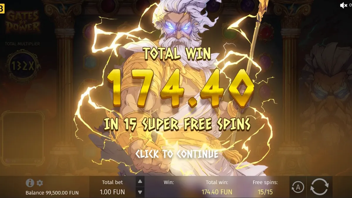 Pemandangan gerbang Olympus dalam slot Gates of Power dengan simbol-simbol mitologi yang megah.