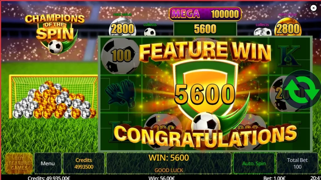 Tampilan visual slot Champion of The Spin dengan tema stadion sepak bola
