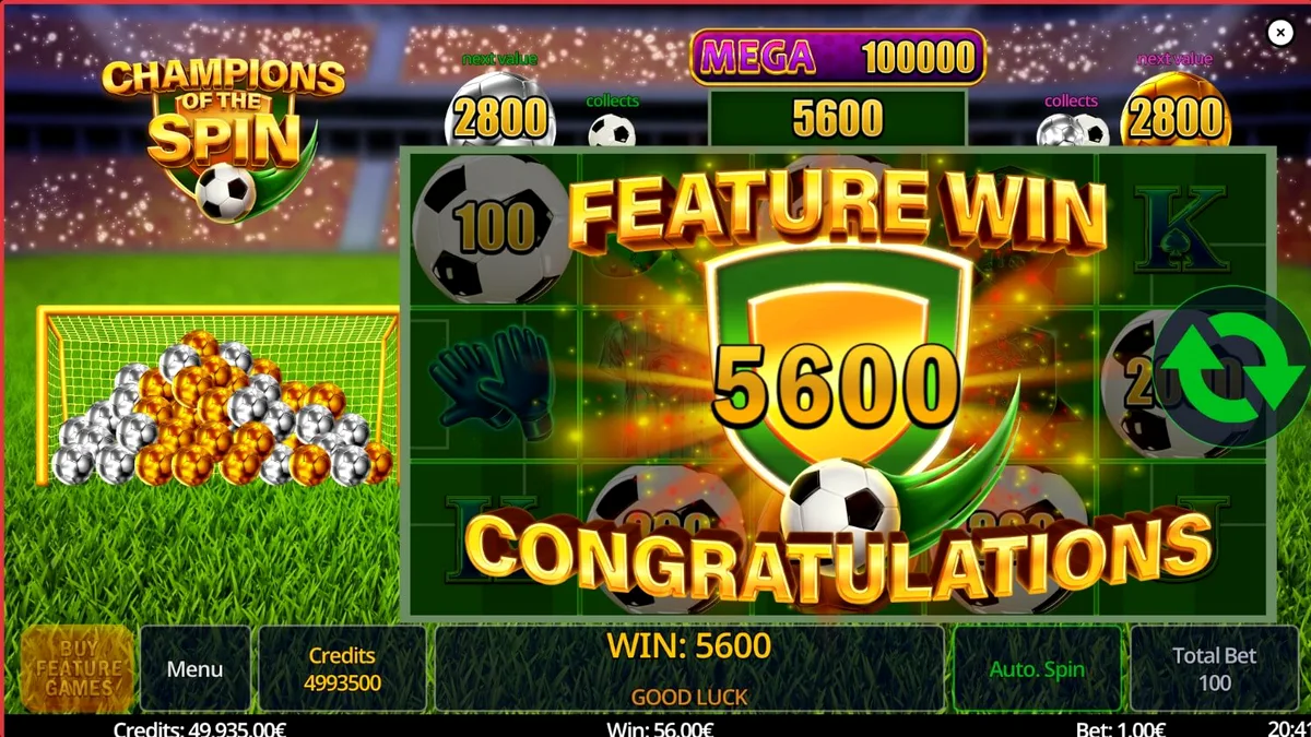 Tampilan visual slot Champion of The Spin dengan tema stadion sepak bola