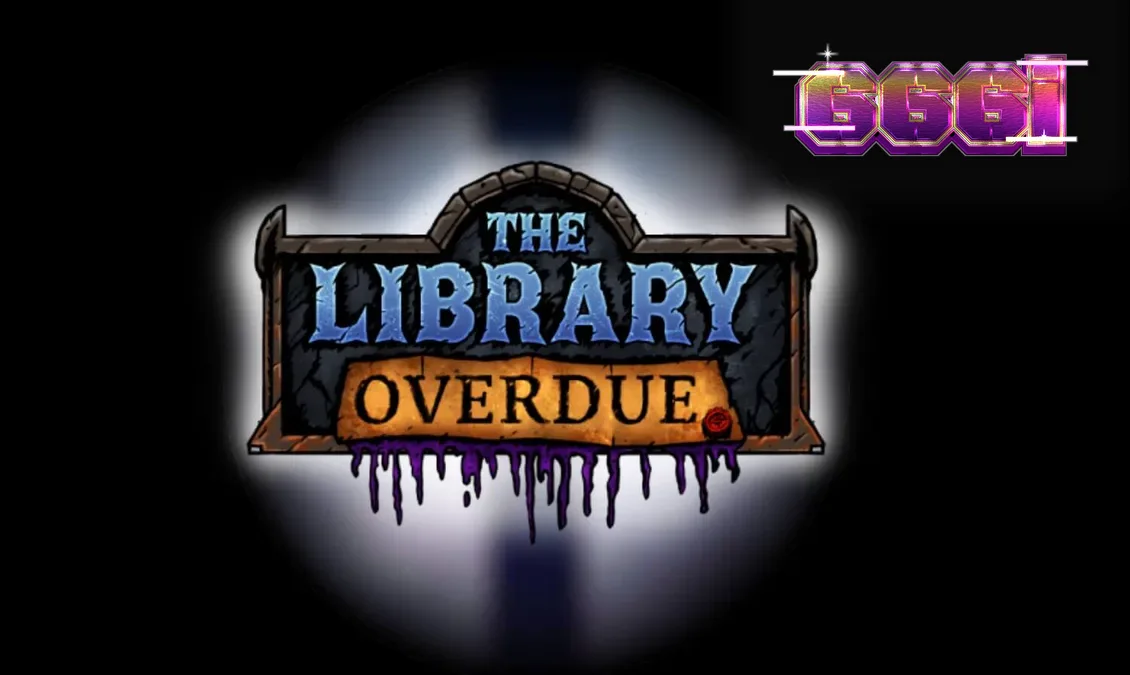 Tampilan visual slot The Library Overdue dengan nuansa perpustakaan gotik yang gelap